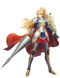  absurdres alicetaria_february armor armored_boots artist_request blonde_hair boots breastplate cape faulds female gauntlets green_eyes grimace highres holding holding_weapon lance looking_at_viewer luna_princess pauldrons polearm ponytail re:creators shoulder_armor skirt solo standing tenshi_mikadokuni weapon 