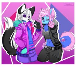  akukun anthro arctic_fox belt candy canid canine canis clothed clothing colored_nails dessert devicre domestic_dog duo eyeshadow female food fox grin hi_res hoodie kolae kolae_(character) makeup male mammal nails one_eye_closed smile tongue tongue_out topwear true_fox wink 