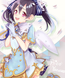  :d \m/ angel_wings black_hair blue_bow bow character_name collar commentary_request confetti dress elbow_gloves etsuo eyelashes female frilled_dress frills gem gloves grey_background hairbow heart heart-shaped_pupils highres lace lace-trimmed_collar lace-trimmed_gloves lace_trim leg_up looking_at_viewer love_live! love_live!_school_idol_project open_mouth own_hands_together red_eyes short_hair short_sleeves smile solo star_(symbol) striped striped_bow symbol-shaped_pupils twintails white_dress white_gloves wings yazawa_nico 