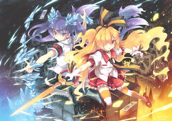  2girls absurdres black_legwear boots bow_(weapon) card commentary fire gen&#039;ei_wo_kakeru_taiyou gloves hair_over_one_eye hair_ribbon hairband highres hoshikawa_seira ice long_hair looking_at_viewer mary_janes multiple_girls necktie north_abyssor orange_hair photoshop_(medium) purple_eyes purple_hair red_eyes ribbon school_uniform serafuku shoes short_sleeves skirt striped sword taiyou_akari thighhighs twintails very_long_hair weapon white_gloves zettai_ryouiki 