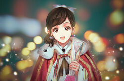  akb48 blurry bokeh bow brown_eyes brown_hair cape commentary_request depth_of_field earrings eyelashes female fur_collar fur_trim hairbow holding jewelry light_particles lights long_sleeves looking_at_viewer open_mouth photoshop_(medium) rakuhei red_cape smile solo tassel tearing_up tears trophy watanabe_mayu 