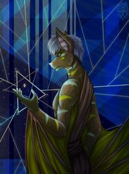  2018 abstract_background anthro bat brown_body brown_fur clothed clothing digital_media_(artwork) fur glowing hair hi_res male mammal megabat mirramortas partially_clothed purple_eyes robe solo specter_koen stripe-faced_fruit_bat stripes white_hair 