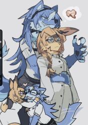  2026 :< anthro biped black_claws blue_body blue_fur bottomwear braided_hair canid canine canis cel_shading claws clothed clothed_anthro clothed_female clothing coat digital_drawing_(artwork) digital_media_(artwork) duo eyewear eyewear_on_head female female/female female_anthro finger_claws fully_clothed fully_clothed_anthro fully_clothed_female fur glasses goggles goggles_on_head grin hair half-closed_eyes hi_res hug hugging_another hugging_from_behind interspecies jellychuz kneeling lab_coat lagomorph leporid long_hair looking_at_another looking_at_partner mammal monotone_body monotone_fur monotone_hair multiple_scenes narrowed_eyes nuzzling orange_body orange_fur petting pictographics predator/prey rabbit shaded shirt side_braid simple_background single_braid skirt slim slim_anthro slim_female smile straight_hair tail tail_motion tailwag thought_bubble three-quarter_view topwear unimpressed white_background wolf 