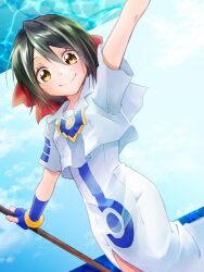  aino_ai akira_(tete-akira) aria_(manga) aria_company_uniform arm_up blue_bow blue_bowtie blue_gloves blue_sky blush bow bowtie brown_eyes closed_mouth commentary_request day dress eyelashes feet_out_of_frame female fingerless_gloves gloves gold_trim green_hair hair_between_eyes hairbow highres holding holding_oar impossible_clothes impossible_dress looking_at_viewer medium_hair oar outdoors red_bow sailor_collar short_sleeves side_slit sky smile solo white_dress white_sailor_collar 