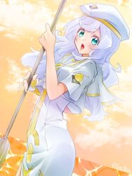  akira_(tete-akira) anya_dostoyevskaya aqua_eyes aria_(manga) beret blush commentary_request cowboy_shot dress eyelashes female gold_trim hat highres holding holding_oar impossible_clothes impossible_dress long_hair looking_at_viewer neckerchief oar open_mouth orange_background orange_planet_uniform purple_hair sailor_collar short_sleeves side_slit solo swept_bangs twitter_username white_dress white_hat white_sailor_collar wide-eyed yellow_neckerchief 
