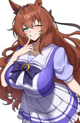  ;d absurdres animal_ears black_bow bow bowtie breasts brown_hair collarbone commentary cowboy_shot ear_bow english_commentary female green_eyes grin hair_between_eyes highres horse_ears horse_girl huge_breasts long_hair looking_at_viewer maruzensky_(umamusume) one_eye_closed pleated_skirt puffy_short_sleeves puffy_sleeves purple_bow purple_bowtie purple_shirt sailor_collar school_uniform shirt short_sleeves simple_background skirt smile solo tracen_school_uniform umamusume very_long_hair vvernerluniq white_background white_sailor_collar white_skirt 