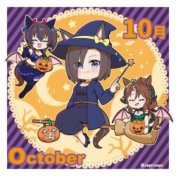  3girls :d ^_^ air_groove_(umamusume) animal_ears black_dress black_shoes blue_boots blue_eyes blue_fire blue_gloves blue_hair blue_hat blue_jacket blue_skirt blush boots bow breasts broom broom_riding brown_hair capriccyo chibi cleavage closed_eyes commentary_request daitaku_helios_(devil_in_the_moonlight)_(umamusume) daitaku_helios_(umamusume) demon_horns demon_wings diagonal-striped_background doily dress ears_through_headwear elbow_gloves fangs fingerless_gloves fire frilled_skirt frills gloves green_bow green_gloves green_skirt hair_between_eyes hat highres holding holding_wand horns horse_ears horse_girl horse_tail jack-o'-lantern jacket large_breasts low_wings mejiro_palmer_(devil_in_the_moonlight)_(umamusume) mejiro_palmer_(umamusume) multicolored_hair multiple_girls open_clothes open_jacket pink_wings ponytail shoes side_ponytail single_glove skirt smile star_(symbol) streaked_hair striped_background tail thigh_boots twitter_username umamusume wand white_hair wings witch_hat 