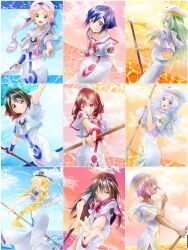  6+girls :d aika_granzchesta aino_ai akira_(tete-akira) akira_ferrari alice_carroll alicia_florence anya_dostoyevskaya aqua_eyes aqua_hair aria_(manga) aria_company_uniform arm_up artist_name athena_glory azusa_mclaren beret blonde_hair blue_background blue_bow blue_bowtie blue_eyes blue_gloves blue_hair blue_ribbon blue_sky blush border bow bowtie bracelet braid braided_ponytail brown_eyes brown_hair closed_eyes closed_mouth cloud cloudy_sky collarbone commentary_request cowboy_shot dark-skinned_female dark_skin day dress dutch_angle earrings eyelashes feet_out_of_frame fingerless_gloves from_side gloves gold_bracelet gold_trim gradient_sky green_eyes green_hair hair_between_eyes hair_ornament hair_rings hair_tubes hairbow hand_on_own_hip hand_up hat hat_ribbon highres himeya_company_uniform holding holding_oar impossible_clothes impossible_dress jewelry leaning_forward long_hair looking_at_viewer medium_hair mizunashi_akari mole mole_under_eye motion_lines multiple_girls neckerchief necktie oar ocean one_eye_closed open_mouth orange_background orange_planet_uniform outdoors outstretched_arm outstretched_hand parted_bangs parted_lips pink_background pink_eyes pink_hair pink_sky pointing pointing_at_viewer purple_hair red_bow red_bowtie red_gloves ribbon sailor_collar shadow short_hair short_hair_with_long_locks short_sleeves side_slit sidelocks single_glove sitting sky smile sunset swept_bangs teeth twintails twitter_username very_long_hair water white_border white_dress white_gloves white_hair white_hat white_sailor_collar wide-eyed yellow_gloves yellow_neckerchief yellow_necktie 