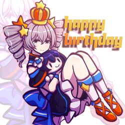  absurdres bronya_zaychik closed_mouth crown doll drill_hair female full_body grey_eyes grey_hair hair_between_eyes hair_ornament highres honkai_(series) honkai_impact_3rd hugging_doll hugging_object kaixuan_lushang looking_at_viewer seele_vollerei sitting smile solo twin_drills white_legwear zoom_layer 