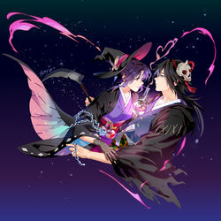  1boy black_gloves black_hair chains commentary fantasyxing female flask gloves hat highres japanese_clothes kimetsu_no_yaiba kimono kochou_shinobu liquid long_hair multicolored_hair obi potion purple_eyes purple_hair round-bottom_flask sash sickle tomioka_giyuu two-tone_hair witch_hat 