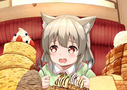  animal_ear_fluff animal_ears blush brown_eyes cat_ears collared_shirt commentary_request drooling female food fork green_shirt grey_hair hair_ornament hair_scrunchie heart heart-shaped_pupils holding holding_fork holding_spoon ice_cream indoors koruri-chan_(sora) long_hair open_mouth original pancake pancake_stack red_scrunchie saliva scrunchie shirt sitting solo sora_(silent_square) spoon sweets symbol-shaped_pupils upper_body white_shirt 