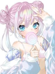  bare_shoulders blue_eyes blush bra candy covering_own_mouth double_bun female flat_chest food gradient_hair hair_bun hand_on_own_head highres holding holding_candy holding_food holding_lollipop jacket lollipop looking_at_viewer medium_hair multicolored_hair off_shoulder open_clothes open_jacket original pink_hair simple_background solo subetehakai swirl_lollipop two-tone_hair underwear upper_body white_background white_bra white_hair white_jacket 