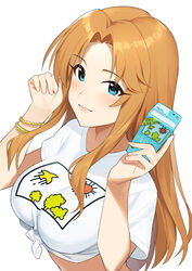  absurdres blonde_hair blue_eyes bracelet breasts closed_mouth commentary_request crop_top female hair_intakes highres holding idolmaster idolmaster_cinderella_girls jewelry large_breasts long_hair matsumoto_sarina midriff onao print_shirt shirt short_sleeves simple_background smile solo stomach straight_hair tied_shirt upper_body very_long_hair white_background white_shirt 