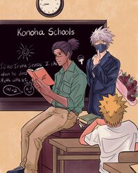  3boys book chalkboard clock_hands commentary dark-skinned_male dark_skin desk english_commentary flower hatake_kakashi highres indoors male_focus mask mouth_mask multiple_boys naruto naruto_(series) naruto_shippuuden on_desk open_book rose samaa_samir school sitting solo_focus teacher_and_student umino_iruka uzumaki_naruto white_hair 