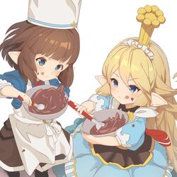  2girls :q apron bad_id bad_twitter_id blonde_hair blue_dress blunt_bangs blush bowl bridgette_(granblue_fantasy) brown_hair charlotta_(granblue_fantasy) chef_hat chocolate chocolate_making chocolate_on_face commentary_request crown dress flipped_hair food food_on_face granblue_fantasy hair_between_eyes harvin hat holding holding_bowl long_hair maid_headdress mixing_bowl multiple_girls o_(rakkasei) pointy_ears puffy_short_sleeves puffy_sleeves short_sleeves simple_background smile tongue tongue_out v-shaped_eyebrows valentine very_long_hair whisk white_apron white_background 