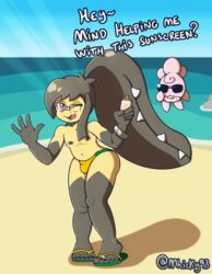  2_mouths 4_fingers absurd_res anthro beach bracelet bulge clothing digit_ring duo eyewear feet fingers flip_flops footwear generation_2_pokemon generation_3_pokemon glasses hi_res humanoid humanoid_feet igglybuff jewelry looking_at_viewer looking_back male mawile mhicky93 mhicky_(mhicky93) multi_mouth multicolored_body nintendo nipples plantigrade pokemon pokemon_(species) pokemorph polka_dot_bikini ring sandals seaside sunglasses sunscreen swimwear tiva_(mhicky93) toe_ring toes two_tone_body two_tone_feet 