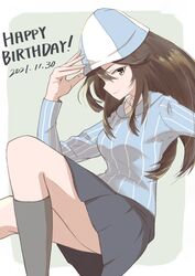  absurdres adjusting_clothes adjusting_headwear blue_hat blue_shirt brown_eyes brown_hair closed_mouth commentary_request dated dress_shirt english_text female floating girls_und_panzer grey_skirt grey_socks happy_birthday hat highres instrument kantele keizoku_school_uniform knee_up light_smile long_hair long_sleeves looking_at_viewer mika_(girls_und_panzer) miniskirt oritako pleated_skirt school_uniform shirt skirt socks solo striped_clothes striped_shirt tulip_hat vertical-striped_clothes vertical-striped_shirt white_shirt wing_collar 