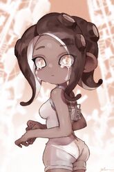  agent_8_(splatoon) ass back bare_arms bare_shoulders bodysuit bright_pupils brown_hair crying crying_with_eyes_open curvy dark-skinned_female dark_skin female highres looking_at_viewer looking_back octoling octoling_girl octoling_player_character orange_background orange_sky plum0o0 radio_antenna radio_tower silhouette sky sleeveless sleeveless_bodysuit solo splatoon_(series) splatoon_3 splatoon_3:_side_order suction_cups tearing_up tears tentacle_hair turning_head white_bodysuit white_pupils 