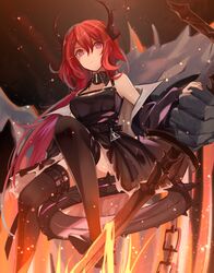  arknights black_dress black_jacket black_thighhighs chains chinese_commentary collar commentary demon_girl demon_horns dress expressionless female hair_between_eyes highres horns jacket looking_at_viewer looking_down minuo off_shoulder open_clothes open_jacket purple_eyes red_hair sitting solo spiked_collar spikes surtr&#039;s_golem_(arknights) surtr_(arknights) thighhighs 