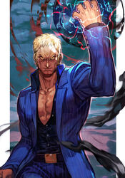  1boy blonde_hair blue_jacket blue_pants blue_shirt closed_mouth electricity forehead_jewel hand_up hungry_clicker jacket looking_at_viewer male_focus orange_eyes pants partially_unbuttoned pectoral_cleavage pectorals pinstripe_pattern sanpaku shirt solo street_fighter street_fighter_v striped urien 