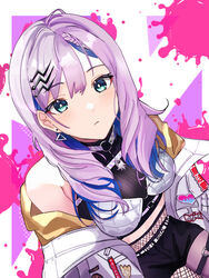  bare_shoulders black_shorts blue_eyes blue_hair braid breasts closed_mouth cloud_etoile crop_top female fishnet_pantyhose fishnets from_above hair_ornament hairclip hololive hololive_indonesia jacket light_purple_hair long_hair looking_at_viewer medium_breasts multicolored_hair off_shoulder official_alternate_costume open_clothes open_jacket pantyhose pavolia_reine pavolia_reine_(streetwear) shorts sitting solo thigh_strap two-tone_hair virtual_youtuber white_jacket 