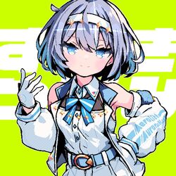  armpits belt blue_belt blue_bow blue_bowtie blue_eyes blue_hair blush bob_cut bow bowtie cevio chains character_name closed_mouth collared_shirt commentary_request contrapposto demusato_(udmp) detached_sleeves female gloves gold_chain green_background hairband halftone hand_in_pocket hand_on_own_hip hand_up head_tilt highres jacket long_sleeves looking_at_viewer open_clothes open_jacket pixel_art puffy_long_sleeves puffy_sleeves quilted_clothes ribbed_shirt shirt short_hair shorts sleeveless sleeveless_jacket smile solo suzuki_tsudumi text_background upper_body white_gloves white_hairband white_jacket white_shirt white_shorts 