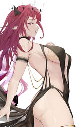  absurdres alternate_costume arm_garter ass backless_dress backless_outfit black_dress breasts chyraliss dress female frills halo hand_on_own_chest highres hololive hololive_english horns irys_(hololive) large_breasts long_hair looking_at_viewer looking_to_the_side multicolored_hair no_bra open_mouth pointy_ears purple_eyes purple_hair red_hair revealing_clothes sideboob signature simple_background slingshot_dress solo star-shaped_pupils star_(symbol) strap_gap symbol-shaped_pupils virtual_youtuber white_background 