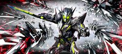  1boy armor attache_calibur belt bug commentary_request compound_eyes grasshopper helmet highres kamen_rider kamen_rider_01_(series) kamen_rider_zero-one male_focus masukudo_(hamamoto_hikaru) metalcluster_hopper progrise_key shiny solo sword tokusatsu weapon 