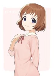  2019 arm_behind_back blue_eyes blush border brown_hair closed_mouth dated female highres idolmaster idolmaster_cinderella_girls kudo_shinobu looking_at_viewer neck_ribbon onao outside_border pink_background pink_shirt red_ribbon ribbon shirt short_hair smile solo upper_body white_border 