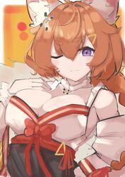  animal_ears asususususu bare_shoulders breasts cleavage eight-tailed_fox_nari female fox_ears fox_girl guardian_tales hair_ornament hand_on_own_chest highres large_breasts looking_at_viewer one_eye_closed orange_hair purple_eyes smile upper_body 