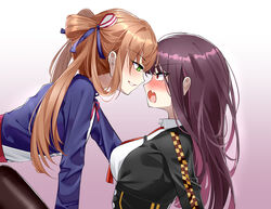  2girls absurdres bad_id bad_pixiv_id black_jacket black_pantyhose blue_jacket blush breasts chinese_commentary girls&#039;_frontline green_eyes hair_ornament hair_ribbon highres jacket long_hair long_sleeves looking_at_another medium_breasts multiple_girls neck_ribbon necktie one_smoke open_mouth orange_hair pantyhose purple_hair red_eyes red_necktie red_ribbon ribbon shirt sidelocks_tied_back simple_background smile springfield_(girls&#039;_frontline) uniform upper_body wa2000_(girls&#039;_frontline) white_shirt 