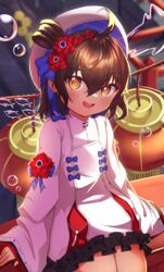  absurdres ahoge azur_lane beret blush bristol_(azur_lane) bristol_(tales_from_the_empery)_(azur_lane) brown_hair bubble chinese_new_year female flower hair_between_eyes hat highres lantern looking_at_viewer official_alternate_costume open_mouth rooby_n short_hair sitting solo teeth yellow_eyes 