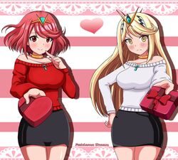  2girls alternate_costume artist_name bare_shoulders blonde_hair blush breasts choker commentary dual_persona gem gift gradient hair_ornament headpiece heart highres holding holding_gift jewelry large_breasts long_hair looking_at_viewer multiple_girls mythra_(xenoblade) patdarux pink_background pyra_(xenoblade) red_eyes red_hair shiny_skin short_hair skirt smile sweater swept_bangs thighs tiara tsundere valentine very_long_hair white_background xenoblade_chronicles_(series) xenoblade_chronicles_2 yellow_eyes 