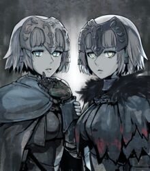  2girls blue_eyes capelet chains dual_persona fate/apocrypha fate/grand_order fate_(series) fur_collar gauntlets green_eyes grey_hair headpiece jeanne_d&#039;arc_(fate) jeanne_d&#039;arc_alter_(avenger)_(fate) jeanne_d&#039;arc_alter_(fate) looking_at_viewer medium_hair multiple_girls muted_color spot_color yuugiri_(u-slash) 