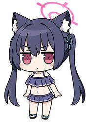  animal_ear_fluff animal_ears bare_shoulders bell_(oppore_coppore) bikini black_footwear black_hair blue_archive blue_bikini blue_ribbon blush cat_ears chibi closed_mouth collarbone commentary_request female full_body hair_between_eyes hair_ribbon halo long_hair looking_at_viewer navel off-shoulder_bikini off_shoulder official_alternate_costume red_eyes ribbon sandals serika_(blue_archive) serika_(swimsuit)_(blue_archive) simple_background solo standing stomach swimsuit twintails v-shaped_eyebrows very_long_hair white_background 