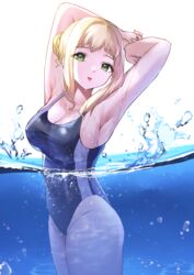  :d air_bubble armpits arms_behind_head arms_up blonde_hair breasts bubble cleavage commentary_request competition_swimsuit covered_navel covered_nipples cowboy_shot female green_eyes hair_bun highres ichijou_natsu large_breasts looking_at_viewer one-piece_swimsuit open_mouth partial_commentary partially_underwater_shot pepeo pool short_hair shuumatsu_no_harem sidelocks simple_background single_hair_bun smile solo standing swimsuit wading water wet white_background 