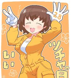  :d arms_up artist_logo brown_hair closed_eyes commentary dated facing_viewer female floral_background freckles girls_und_panzer gloves jumpsuit long_sleeves mechanic open_mouth orange_background orange_jumpsuit outline shirt short_hair smile solo standing translated tsuchiya_(girls_und_panzer) uniform v white_gloves white_outline white_shirt yb_norio 