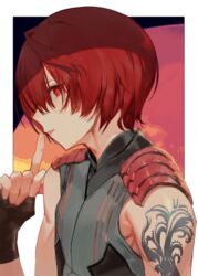  1boy arm_tattoo black_gloves commentary_request fate/grand_order fate_(series) finger_to_mouth fingerless_gloves fuuma_kotarou_(fate) gloves grey_shirt hand_up index_finger_raised kodama_(wa-ka-me) looking_at_viewer male_focus parted_lips red_background red_eyes red_hair shadow shirt shoulder_pads shushing sidelocks sideways_glance sleeveless sleeveless_shirt solo tattoo upper_body white_background 