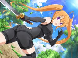  ahoge arm_belt armpit_crease armpits ass belt black_bodysuit black_gloves black_thighhighs blonde_hair blue_sky bodysuit branch breasts building city cityscape cloud crossover day elbow_gloves falling_leaves female forest gloves grass hair_between_eyes hairband high_school_dxd high_school_dxd_new holding holding_sword holding_weapon horizon impossible_bodysuit impossible_clothes katana large_breasts leaf lens_flare light_particles long_hair looking_at_viewer median_furrow nature ocean official_art open_mouth outdoors plant purple_eyes senran_kagura senran_kagura_new_link shidou_irina shiny_skin skin_tight sky skyscraper smile solo sword thigh_belt thigh_strap thighhighs third-party_source tongue tree tsuba_(guard) tsuka-ito tsuka_(handle) twintails underbust unsheathed water weapon yaegashi_nan 