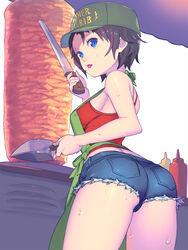  apron ass back bare_shoulders baseball_cap blue_eyes blue_shorts bottle breasts brown_hair clothes_writing commentary_request cooking cowboy_shot cutoffs denim denim_shorts enkyo_yuuichirou female food food_stand from_behind green_hat grill hat headwear_writing highres hisho_collection holding ketchup knife lipstick looking_at_viewer looking_back makeup meat medium_breasts mustard open_mouth pink_lips pocket rotisserie shawarma short_hair short_shorts shorts sideboob solo standing sweat tank_top thighs tongue tongue_out underbutt vertical_rotisserie white_background 