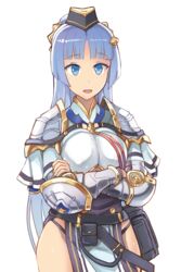  :d armor blue_eyes blue_hair blunt_bangs breasts cowboy_shot crossed_arms elbow_pads female granblue_fantasy hat large_breasts long_hair looking_at_viewer mina_(shingeki_no_bahamut) open_mouth parted_bangs pauldrons pelvic_curtain shoulder_armor simple_background smile solo standing white_background yuugiri_(u-slash) 