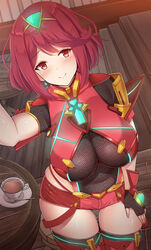  armor blush breasts chair commentary_request covered_navel cup female fingerless_gloves gem gloves glowing hair_ornament headpiece indoors jewelry large_breasts noeomi pose pyra_(xenoblade) red_eyes red_hair red_shorts short_shorts shorts shoulder_armor skindentation smile solo spoon swept_bangs table tea thighhighs tiara xenoblade_chronicles_(series) xenoblade_chronicles_2 