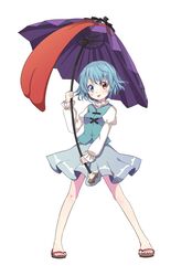  aqua_vest blue_eyes blue_hair blue_skirt blush breasts clothes_lift commentary_request female frilled_shirt_collar frilled_sleeves frills geta heterochromia highres holding holding_umbrella juliet_sleeves karakasa_obake light_blue_hair long_sleeves looking_at_viewer outline puffy_sleeves red_eyes sandals shiny_skin shirt short_hair simple_background skirt skirt_lift small_breasts smile solo tatara_kogasa tatuhiro toes tongue touhou umbrella wavy_hair white_background white_shirt 