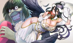  1boy :d absurdres albedo_(overlord) alternate_breast_size arm_up bare_hips bare_shoulders black_feathers black_hair black_wings blush blush_stickers bob_cut box breasts cleavage closed_mouth colored_skin commentary_request crazy_eyes crazy_smile crossover curvy demon_girl demon_horns dress elbow_gloves end_card feathered_wings feathers female frilled_dress frilled_gloves frills gloves gradient_background green_hair green_skin grey_background hair_between_eyes heart heart-shaped_box highres holding horns huge_breasts isekai_quartet long_hair low_wings ookuma_nekosuke open_mouth overlord_(maruyama) petelgeuse_romaneeconti pillow polka_dot polka_dot_background re:zero_kara_hajimeru_isekai_seikatsu second-party_source shiny_skin short_hair skull slit_pupils smile teeth thick_thighs thighs valentine white_dress white_gloves white_horns wide_hips wings yellow_eyes 