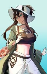  animal_ears aqua_background arknights black_choker black_shirt brown_hair choker coat cowboy_shot crop_top ears_through_headwear female green_coat green_eyes grey_choker head_tilt highres horse_ears long_hair long_sleeves meteor_(arknights) meteor_(bard&#039;s_holiday)_(arknights) midriff minuo navel open_clothes open_coat pants shirt sidelocks solo standing stomach white_headwear white_pants 