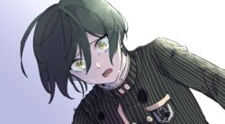  1boy black_hair black_jacket breast_pocket commentary danganronpa_(series) danganronpa_v3:_killing_harmony from_below gradient_background grey_background hair_between_eyes jacket jingle_(mhb729) long_sleeves looking_at_viewer male_focus open_mouth pocket saihara_shuichi short_hair simple_background solo striped_clothes striped_jacket tears vertical_stripes yellow_eyes 