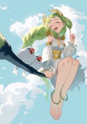  absurdres afk_arena anklet bad_id bad_pixiv_id bare_legs bare_shoulders barefoot bird blunt_bangs braid braided_ponytail broom broom_riding closed_eyes cloud detached_sleeves dress feet female flora_(afk_arena) flying green_hair hair_rings highres jewelry long_braid long_hair midorimura_naoki necklace sidesaddle single_braid sitting sky smile solo toes very_long_hair 