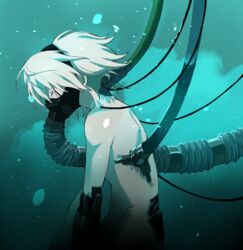  1boy android cable closed_eyes commentary completely_nude cowboy_shot danganronpa_(series) danganronpa_v3:_killing_harmony floating_hair from_side green_background grey_hair jingle_(mhb729) k1-b0 light_particles male_focus navel nude respirator short_hair solo underwater vat white_hair 