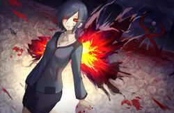  1boy black_hair black_sclera blood blood_from_mouth blood_on_face cardigan closed_mouth collared_shirt colored_sclera commentary_request cowboy_shot dress_shirt female flower glowing glowing_eyes glowing_wings grey_cardigan highres holding holding_mask ikasoba kagune_(tokyo_ghoul) kirishima_touka long_sleeves looking_at_viewer mask purple_shorts red_eyes shirt short_hair short_shorts shorts standing tentacle tokyo_ghoul white_flower white_mask white_shirt wing_collar wings 