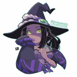  bad_id bad_twitter_id black_capelet black_hair black_hat breasts capelet cleavage closed_mouth commentary_request cropped_torso dark-skinned_female dark_skin doctor_magus doctor_magus_2 female green_eyes green_outline hand_up hat long_hair looking_at_viewer mawaru_(mawaru) medium_breasts outline parted_bangs sekaiju_no_meikyuu sekaiju_no_meikyuu_2 simple_background solo thorns upper_body white_background witch_hat 